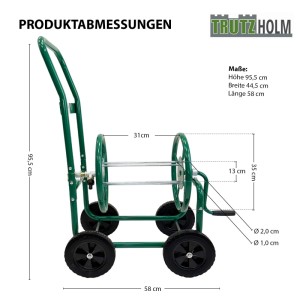 TRUTZHOLM Schlauchwagen Basic, 4 Räder, Stahl, grün, Maße: 95,5x58 cm. Für 50m 3/4 Zoll Gartenschlauch.