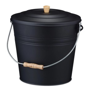 Schwarzer Relaxdays Ascheeimer aus Stahl, 12 l, mit Deckel und Holzgriff für Kamin- und Ofenzubehör.