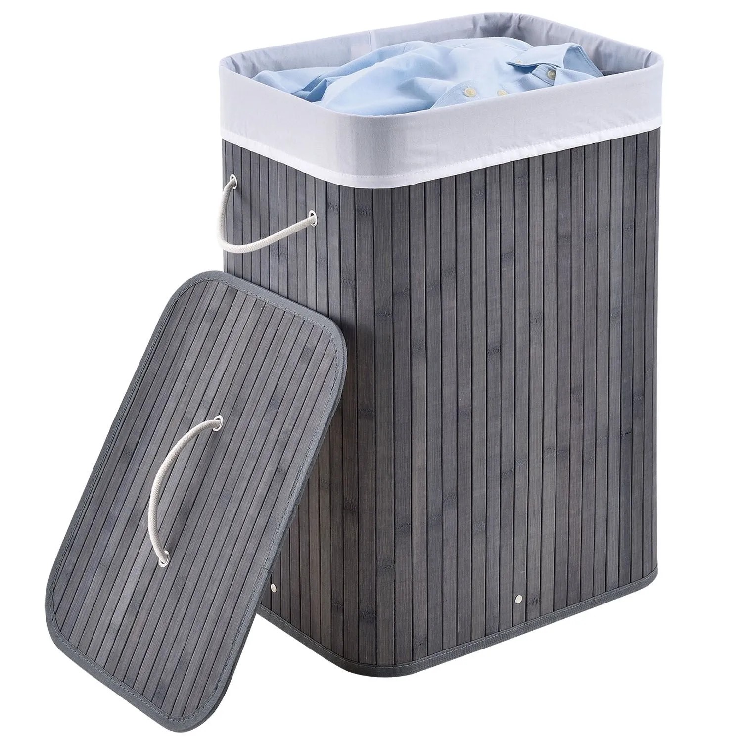 Grauer Juskys Bambus Wäschekorb (72L) mit Deckel, Wäschesack und Tragegriffen.