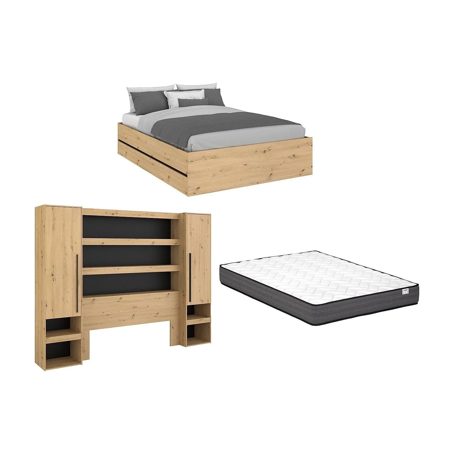 Vente-unique Bett Mit Bettkasten Ludaro Schwarz  Naturfarben Hell 269.7 cm