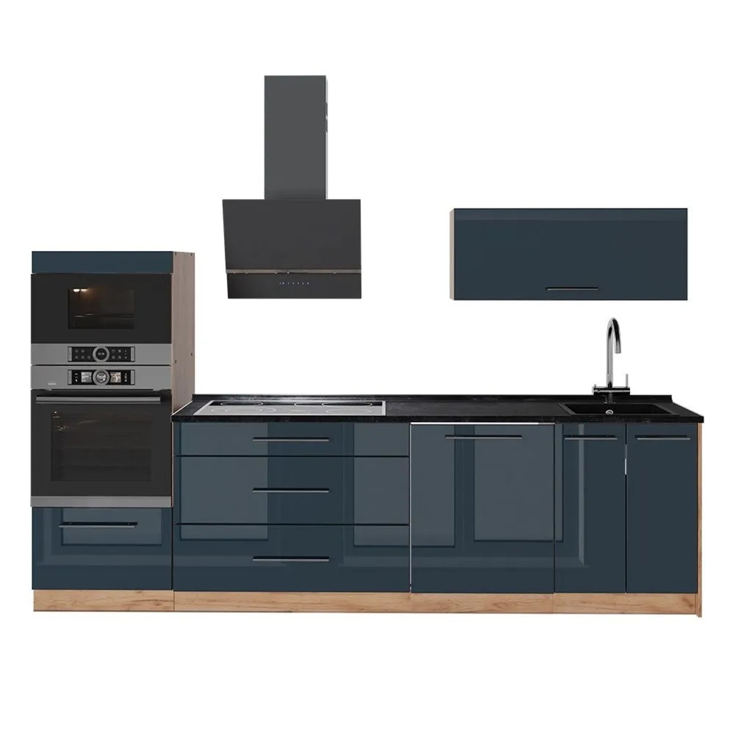Vicco Küchenzeile Fame-Line Dunkelblau Hochglanz/Goldkraft Eiche 280 x 154 ohne Arbeitsplatte Art Nr 65761
