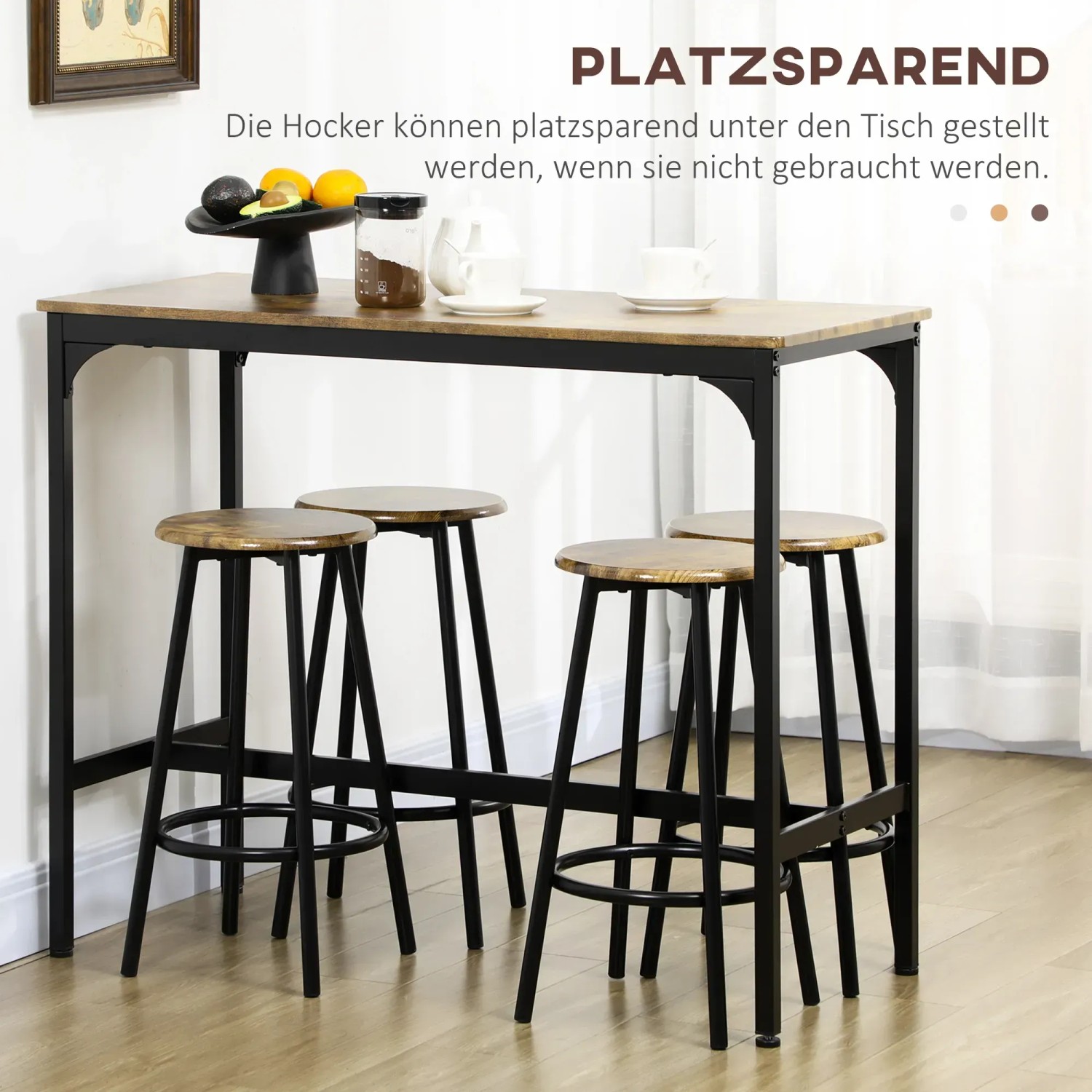 HOMCOM Bartisch-Set 5-tlg. im Industrie-Design mit Tisch und 4 Barhockern in Braun und Schwarz.