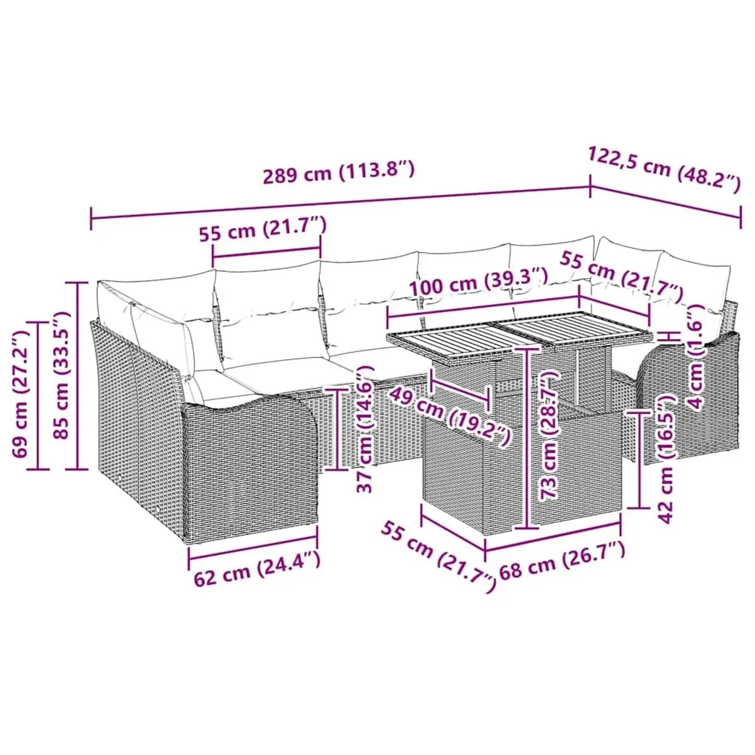 vidaXL Garten-Sofa-Set 8-tlg. Beige Poly Rattan mit Maßangaben für Gartenmöbel.