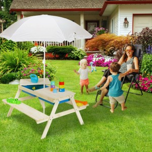 Relaxdays Kindersitzgruppe Holz Weiß mit Sonnenschirm Höhenverstellbar 49 cm x 86 cm x 92,5 cm 8,7 kg