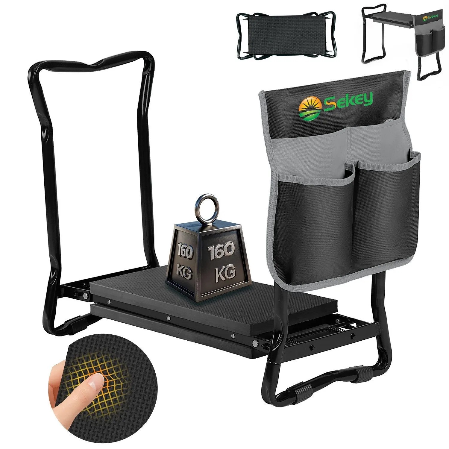 Sekey Kniebank 2 in 1 XXL Kniebank für Gartenarbeit Gepolstert Gartenhocker Klappbar Höhenverstellbar Gartenbank mit Werkzeugtasche 60x49x27,5cm