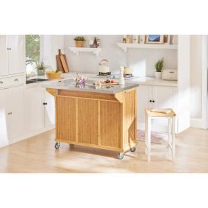 SoBuy Kücheninsel Küchenwagen aus Bambus mit Edelstahlplatte, 115cm breit.