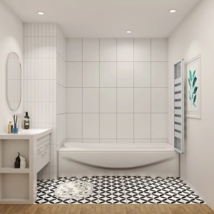 Bad mit weißer AICA Badewannen Faltwand (3-tlg.) zur Rechtsmontage, 130x140cm.