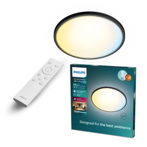Philips Valen LED-Deckenleuchte, schwarz, 55 cm, mit WarmGlow-Licht und Fernbedienung. Zeigt warmes bis kühles Licht.