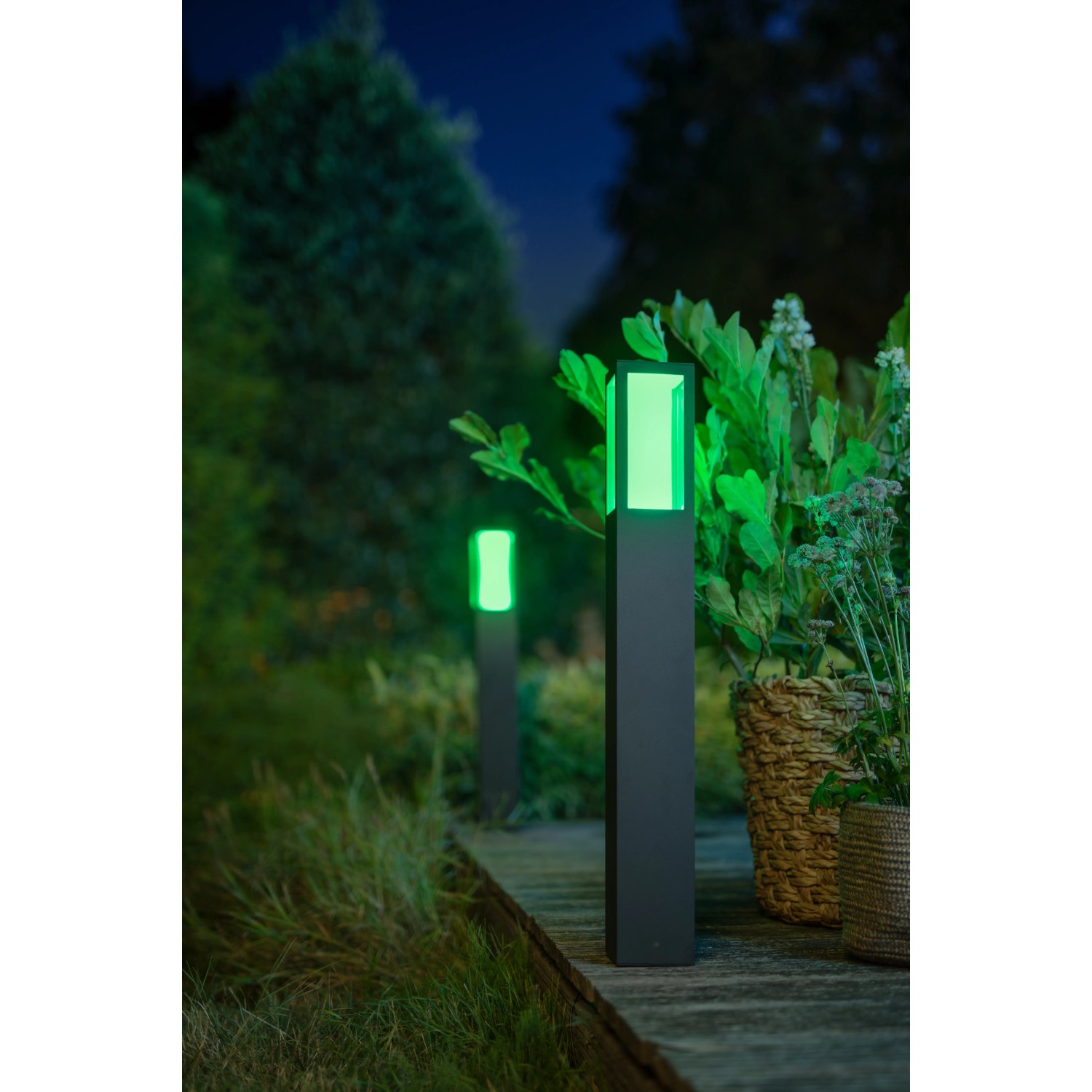 Philips Hue Impress LED-Wegeleuchten in Schwarz mit grünem Licht im Garten.
