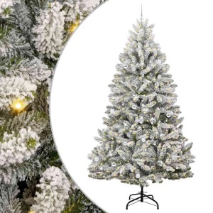 Künstlicher, beschneiter Weihnachtsbaum (270 cm) mit LED-Lichtern und Kugeln für festliche Stimmung.