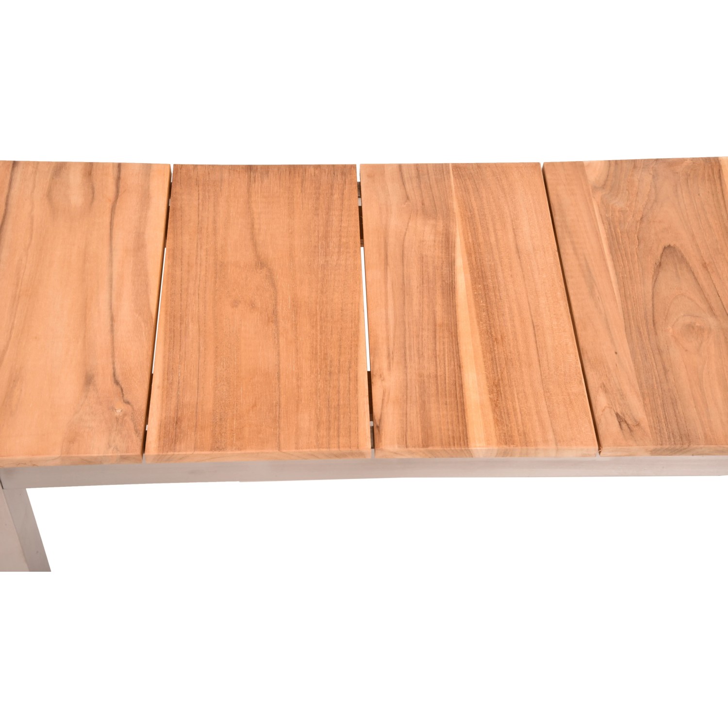 Detailansicht der Garden Pleasure Bank Dallas aus Teakholz mit Edelstahlgestell.