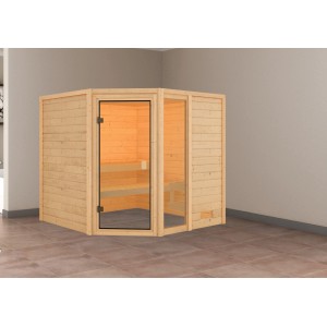 Karibu Sauna Tabea Natur: Massivholzsauna mit Eckeinstieg und Glastür. Inklusive Saunabänke.