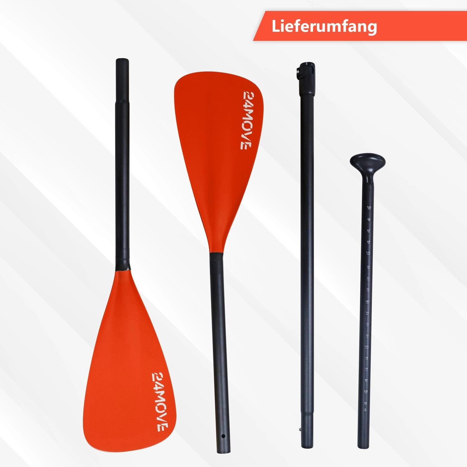 24MOVE Doppelpaddel 2in1, rot, für SUP und Kajak. Aluminium Paddel, 230cm Länge.