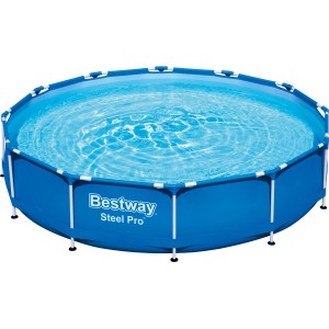 Bestway Stahlrahmenpool Steel Pro, Ø 366 cm, runder Pool mit blauem Becken und weißem Rahmen.