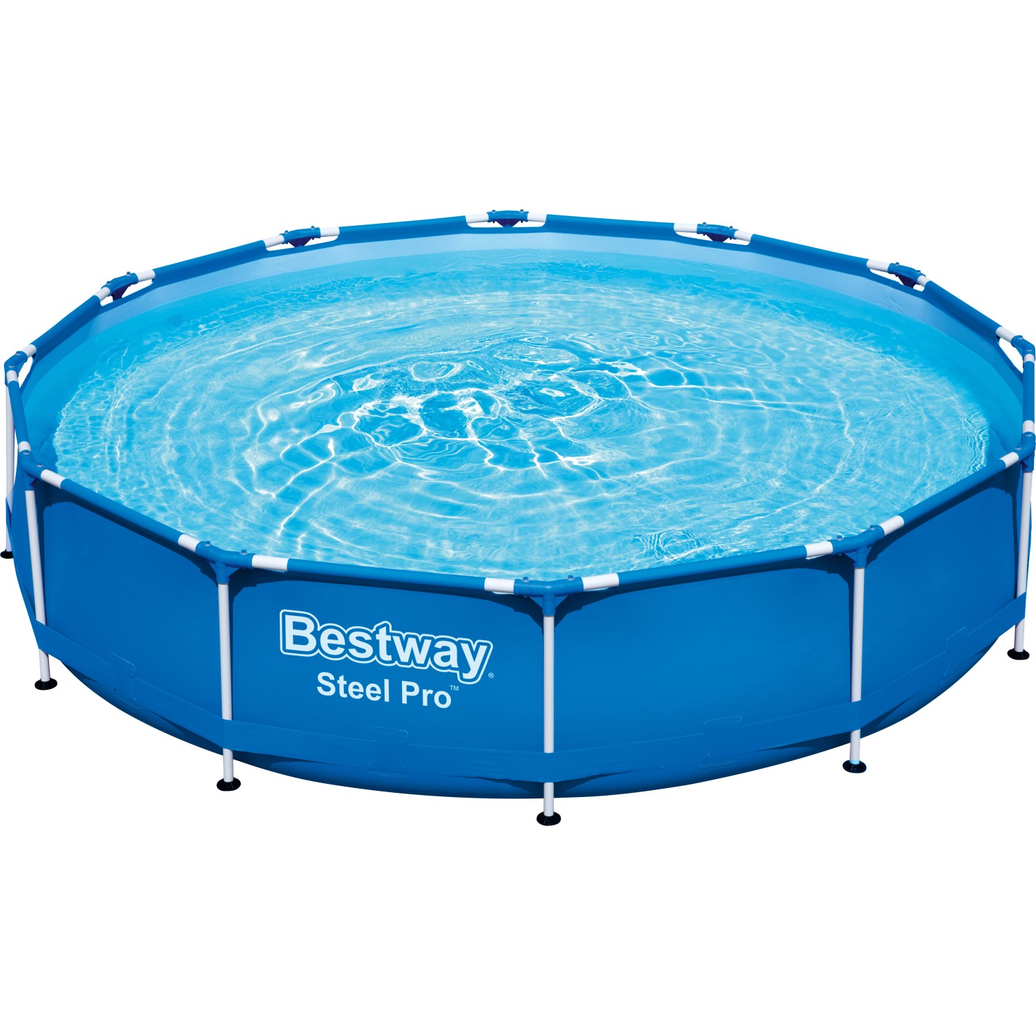Bestway Stahlrahmenpool Steel Pro, Ø 366 cm, runder Pool mit blauem Becken und weißem Rahmen.