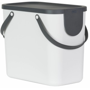 Weißer Rotho Mülleimer Albula, 25 l, mit grauem Deckel und Griffen. Praktisch für die Abfalltrennung.