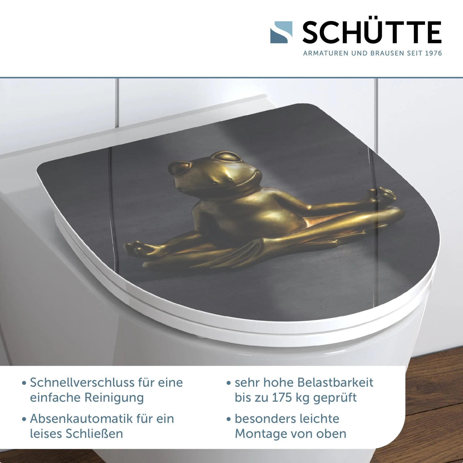 Schütte WC-Sitz Relaxing Frog mit Absenkautomatik und Frosch-Motiv auf einem weißen WC.