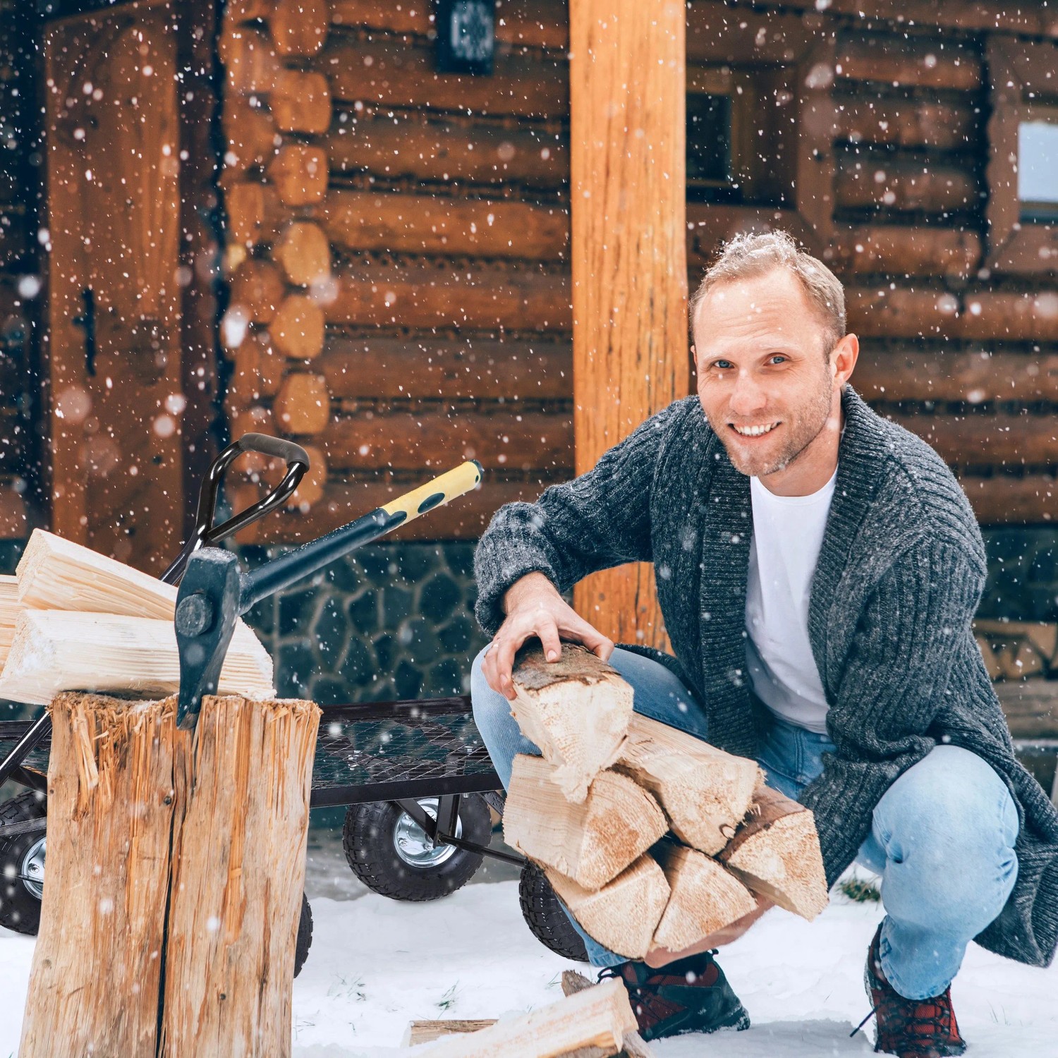 Mann lädt Brennholz in schwarzen Relaxdays Handwagen im Schnee. Robuster Transportwagen für Camping & Garten.