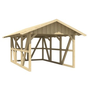 Skan Holz Carport Schwarzwald mit Dachschalung und Rückwand, naturbelassenes Holz.