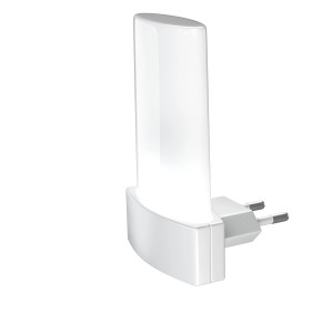 Weißes LED-Steckdosenlicht Lunetta Shine RGB von Ledvance, 9x6x6 cm, mit Tag-Nachtsensor.