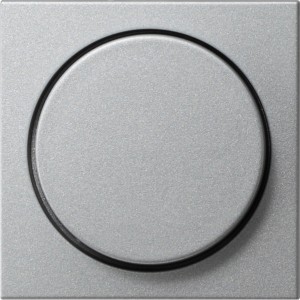 Gira Dimmerabdeckung System 55 in Aluminium: Quadratische Abdeckung mit rundem Dimmerknopf.