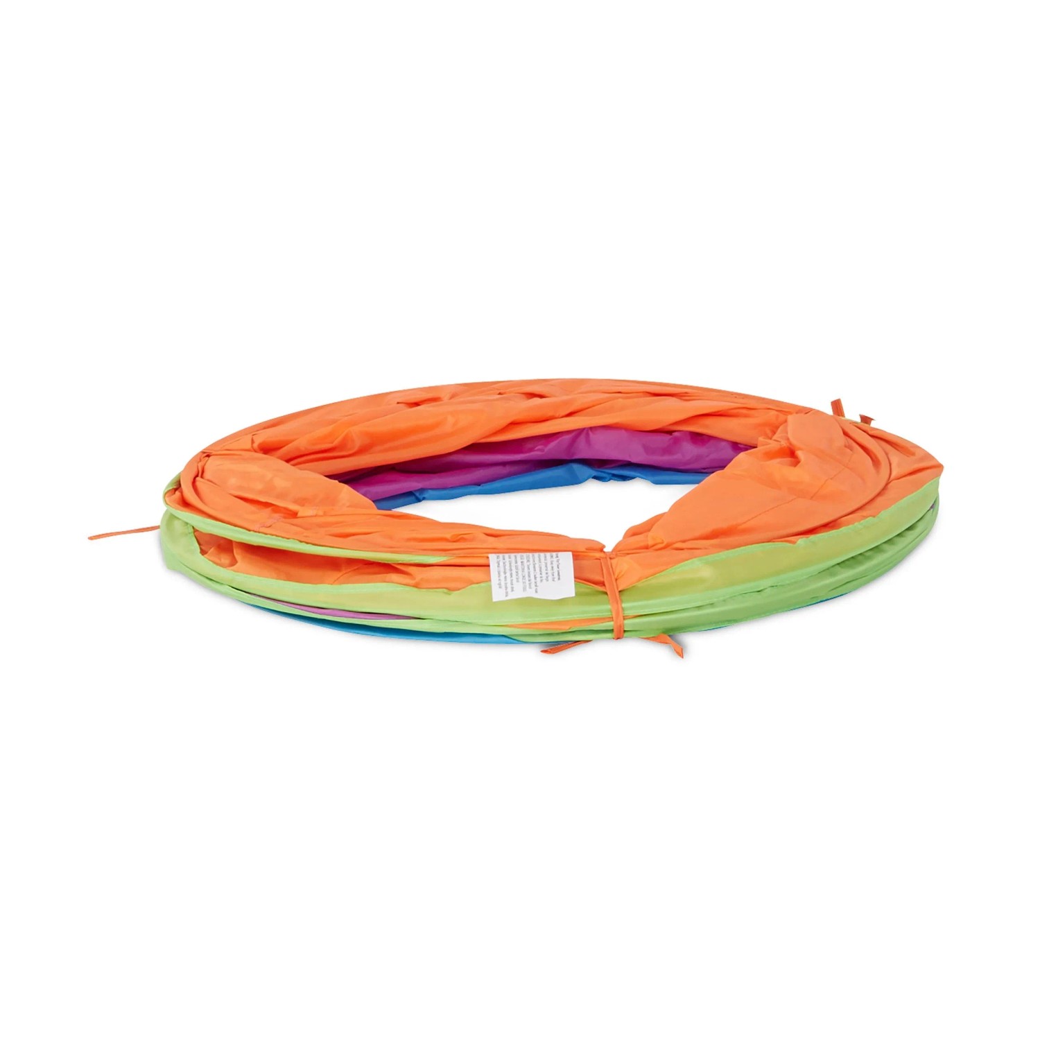 Relaxdays Pop Up Spieltunnel, bunt, aus Polyester, zusammengefaltet und mit Bändern gesichert.
