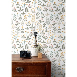 ESTAhome Tapete Feldblumen Dunkelgrün und Gelb 50 x 900 cm