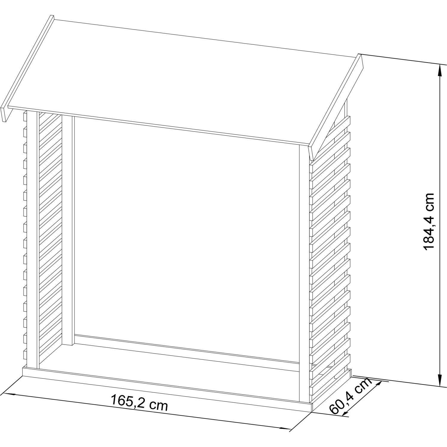 Skizze: Karibu Kaminholzunterstand 1,5 naturbelassen, Maße 184,4x165,2x60,4 cm, Holzregal.