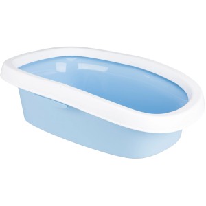 Blaue Jollypaw Katzentoilette mit hohem, weißem Rand, 58 cm breit.