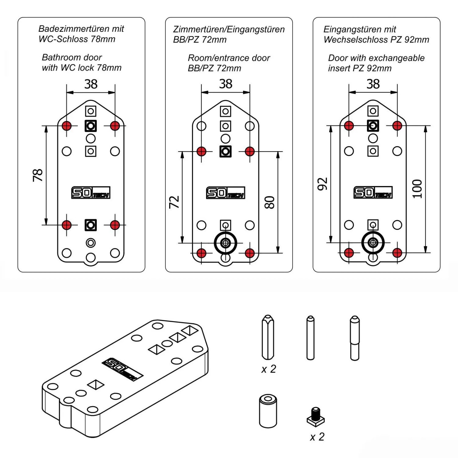 SOTECH Bohrschablone für Türdrücker Rosettengarnitur mit 72 mm 78 mm 92 mm Entfernung_4