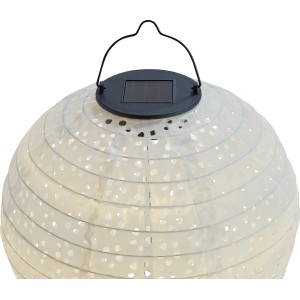 Weiße Solar-Dekoleuchte Pellaro in Lampionform, Ø 25 cm, mit Solarpanel und Tragebügel.