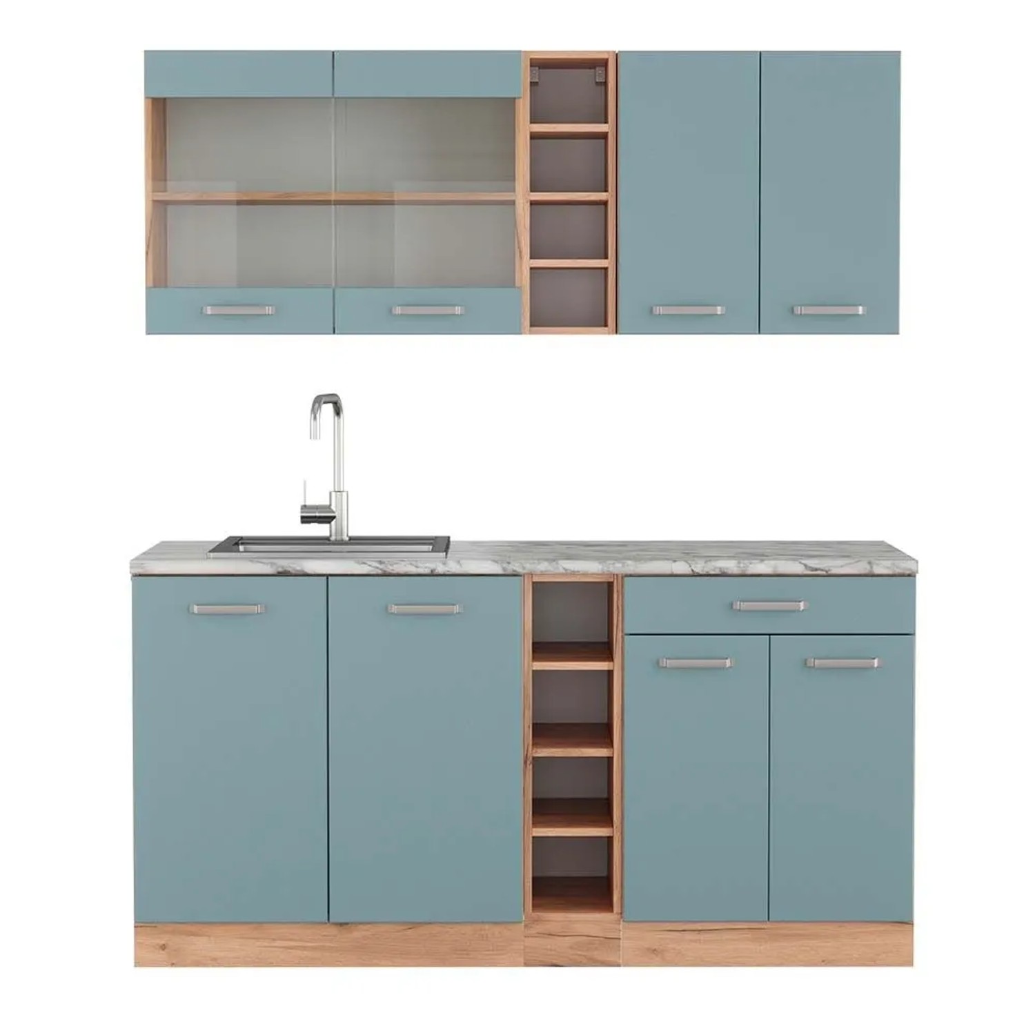 Vicco R-Line Singleküche Blau-Grau Goldkraft Eiche 160 cm AP Marmor ohne E-Geräte