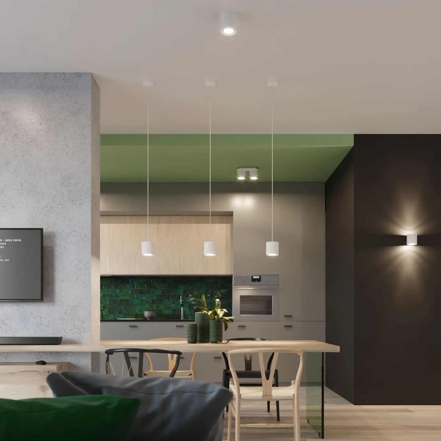 Weiße Sollux Lighting Hängeleuchte ORbis über Esstisch in modernem Wohnraum.