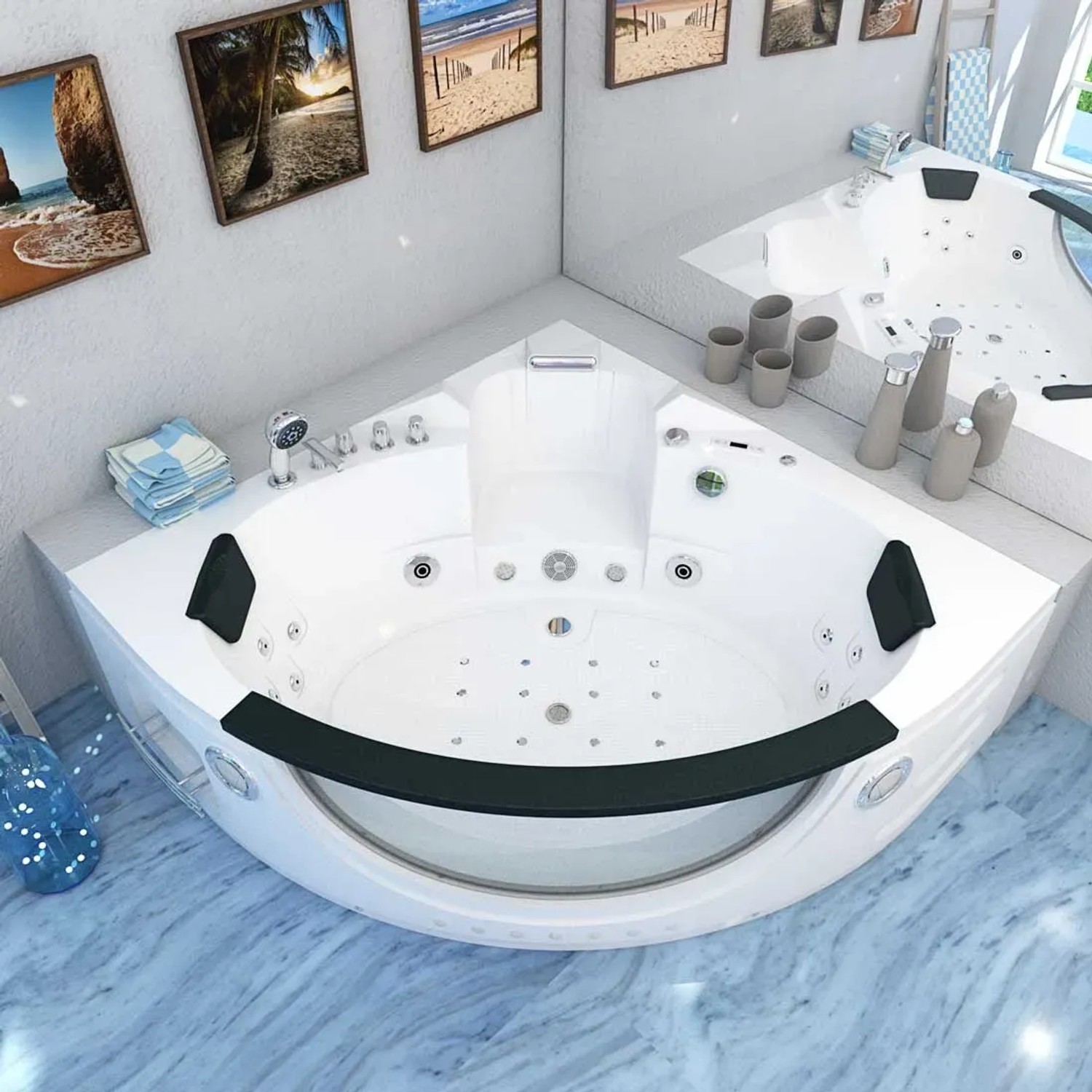 AquaVapore Whirlpool Eckbadewanne W06H-TH-SC, 152x152cm, mit Düsen und Armaturen.