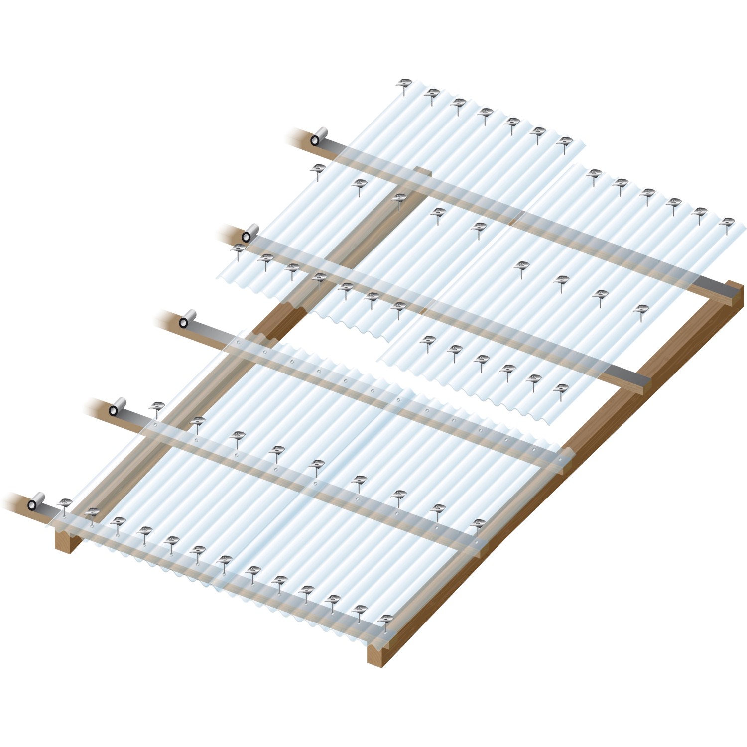 Transparente Acryl Profilplatte 76/18 C-Struktur auf Holzkonstruktion befestigt.