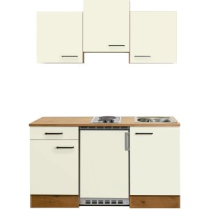Flex-Well Singleküche Vintea 150 cm, Magnolia/Lancelot Oak Dekor mit Kühlschrank und Kochfeld.