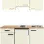Flex-Well Singleküche Vintea 150 cm, Magnolia/Lancelot Oak Dekor mit Kühlschrank und Kochfeld.