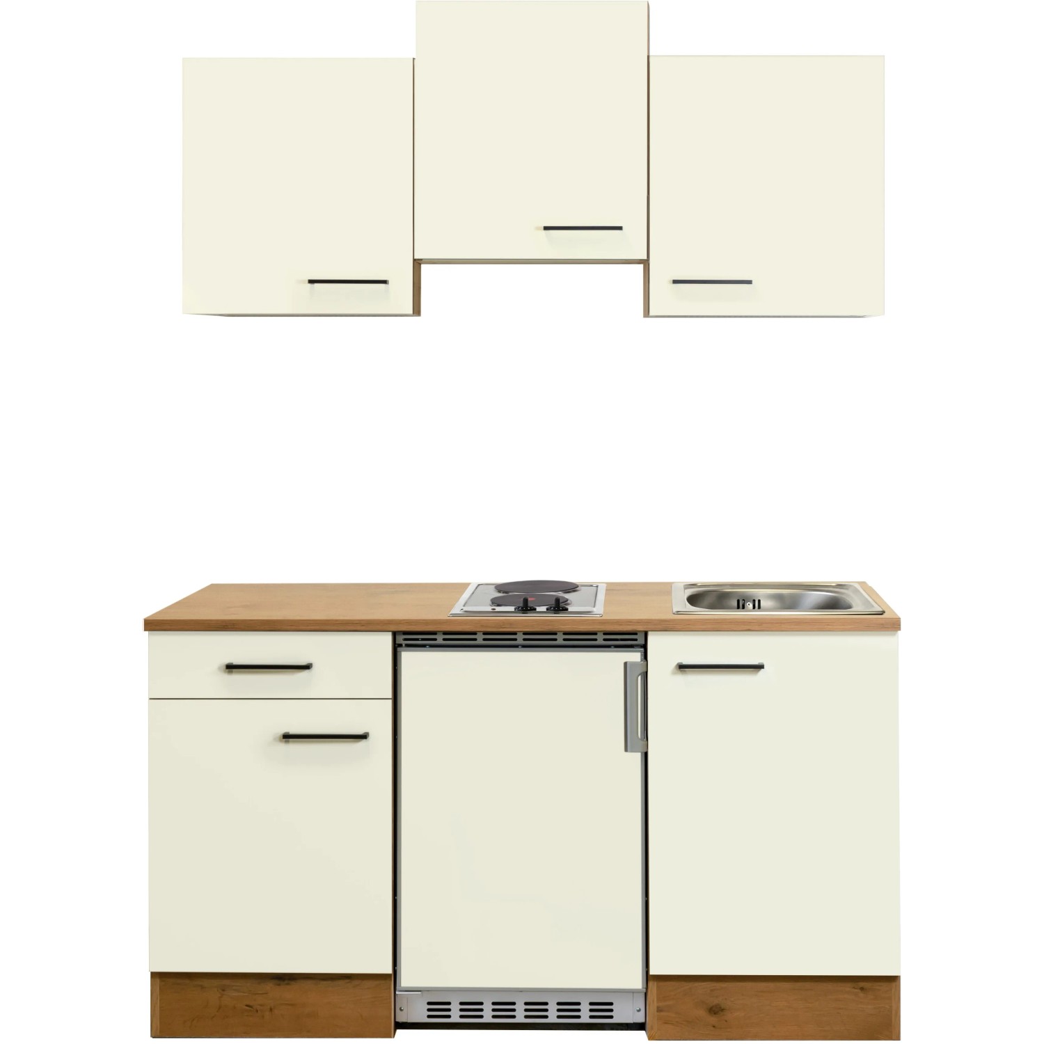 Flex-Well Singleküche Vintea 150 cm, Magnolia/Lancelot Oak Dekor mit Kühlschrank und Kochfeld.