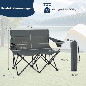 Costway Campingstuhl für 2 Personen mit Getränkehaltern 300 kg Grau