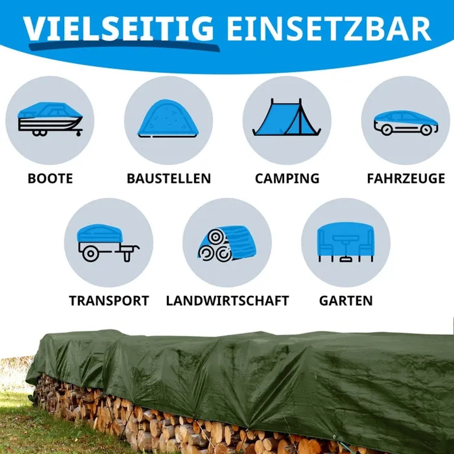 Grüne Karat Abdeckplane 4x6m zum Schutz von Holz, vielseitig einsetzbar.
