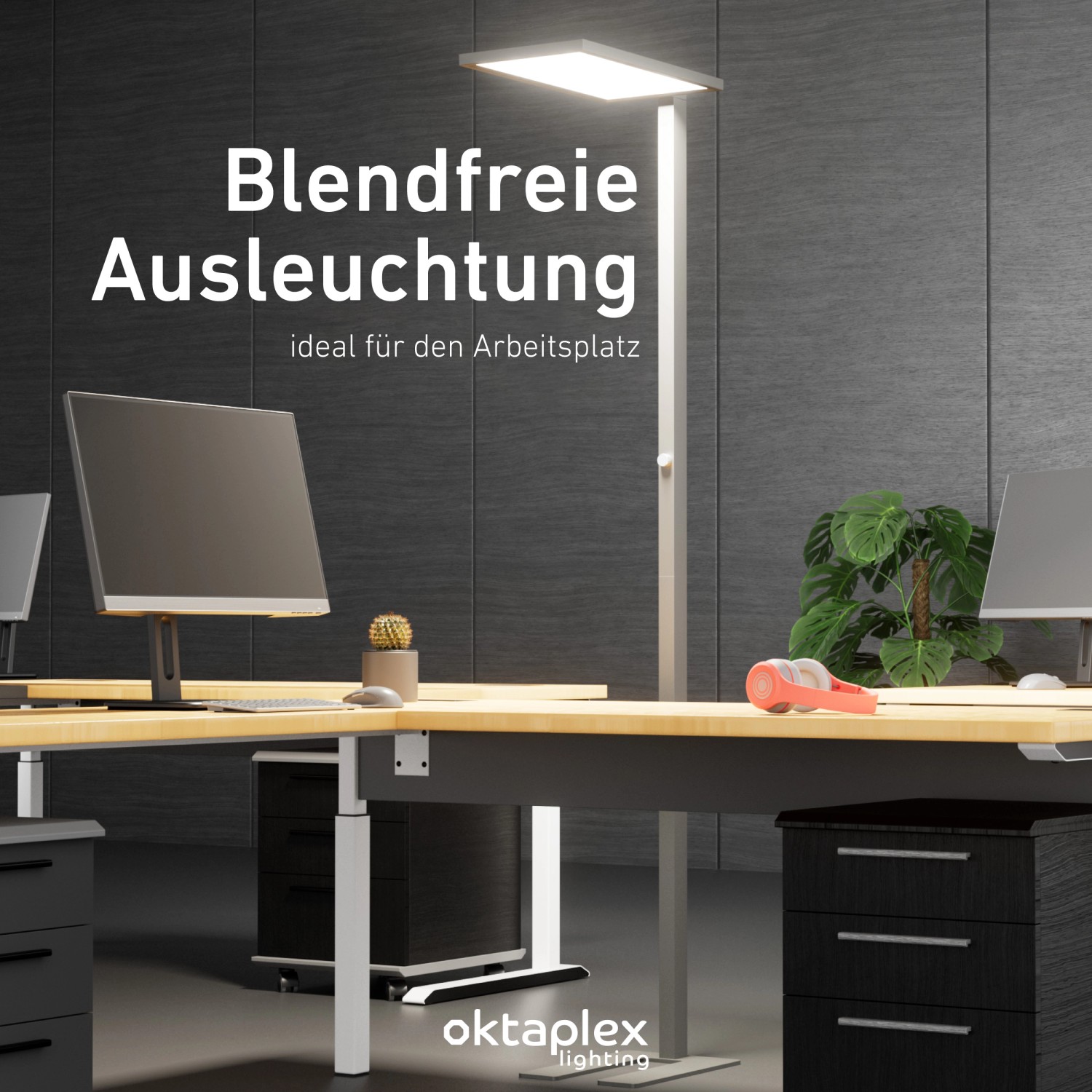 Silberne Oktaplex Malmö LED Stehlampe für blendfreies Licht am Arbeitsplatz.