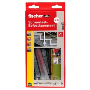 Rote Verpackung des Fischer Schwerlast-Befestigungssets M10 mit Injektionsmörtel und Zubehör für Dübel.