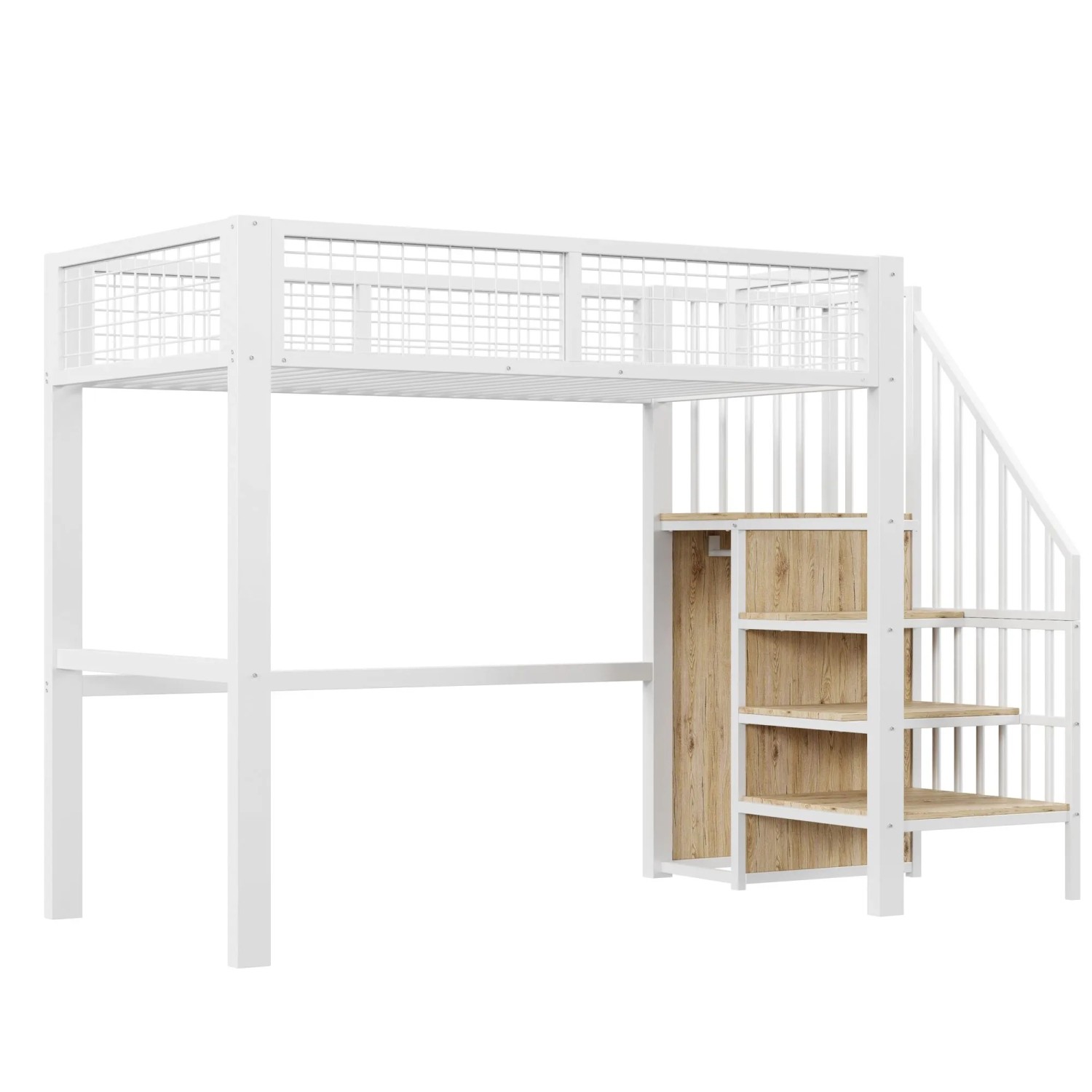 okwish Hochbett 90x200cm mit Leiter Regal und Kleiderschrank Kinderzimmer Weiß ohne Matratze