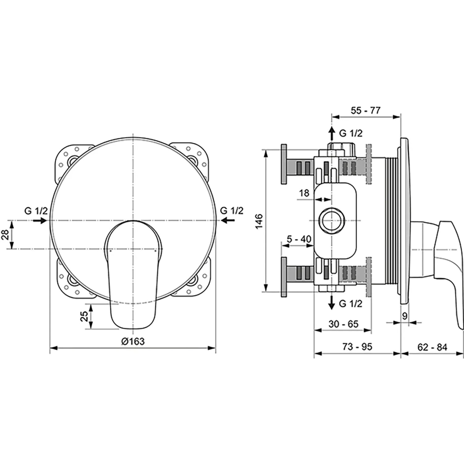 Technische Zeichnung: Ideal Standard Ceraflex Unterputz Brausearmatur in Chrom mit Maßangaben.