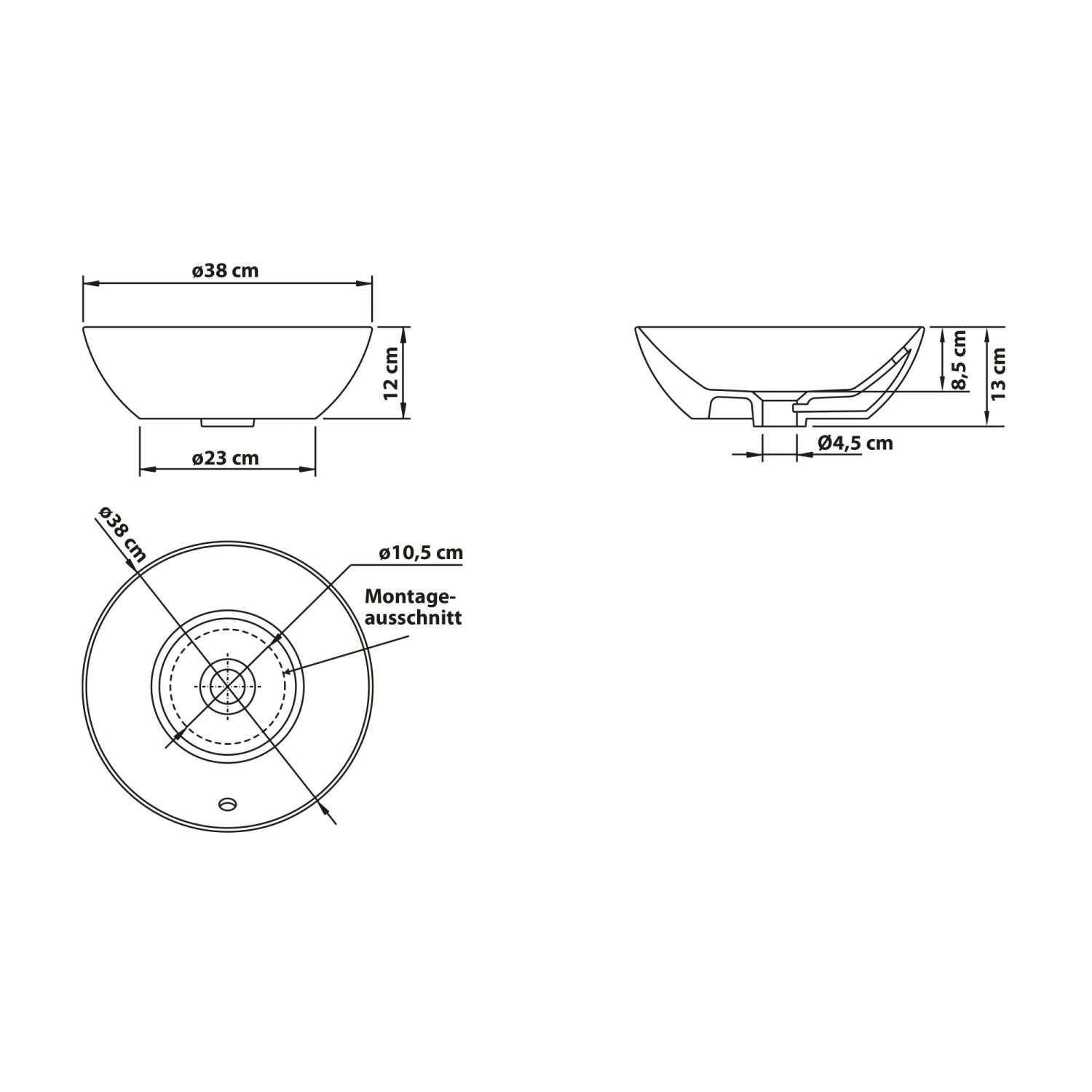 Technische Zeichnung Schöner Wohnen Aufsatzwaschbecken Beco, 38 cm, Mattschwarz, mit Maßangaben.