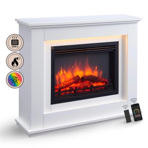 Weißer BALDERIA Elektrokamin Standkamin mit 3D-Flammeneffekt und App-Steuerung.