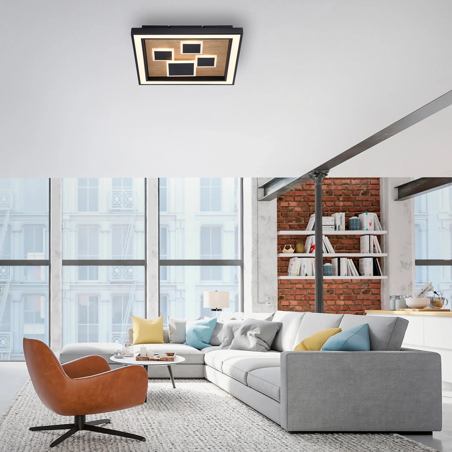 Moderne Paul Neuhaus LED-Deckenleuchte Eliza, Holz Natur, 48x48 cm, quadratisch, für Wohnräume.