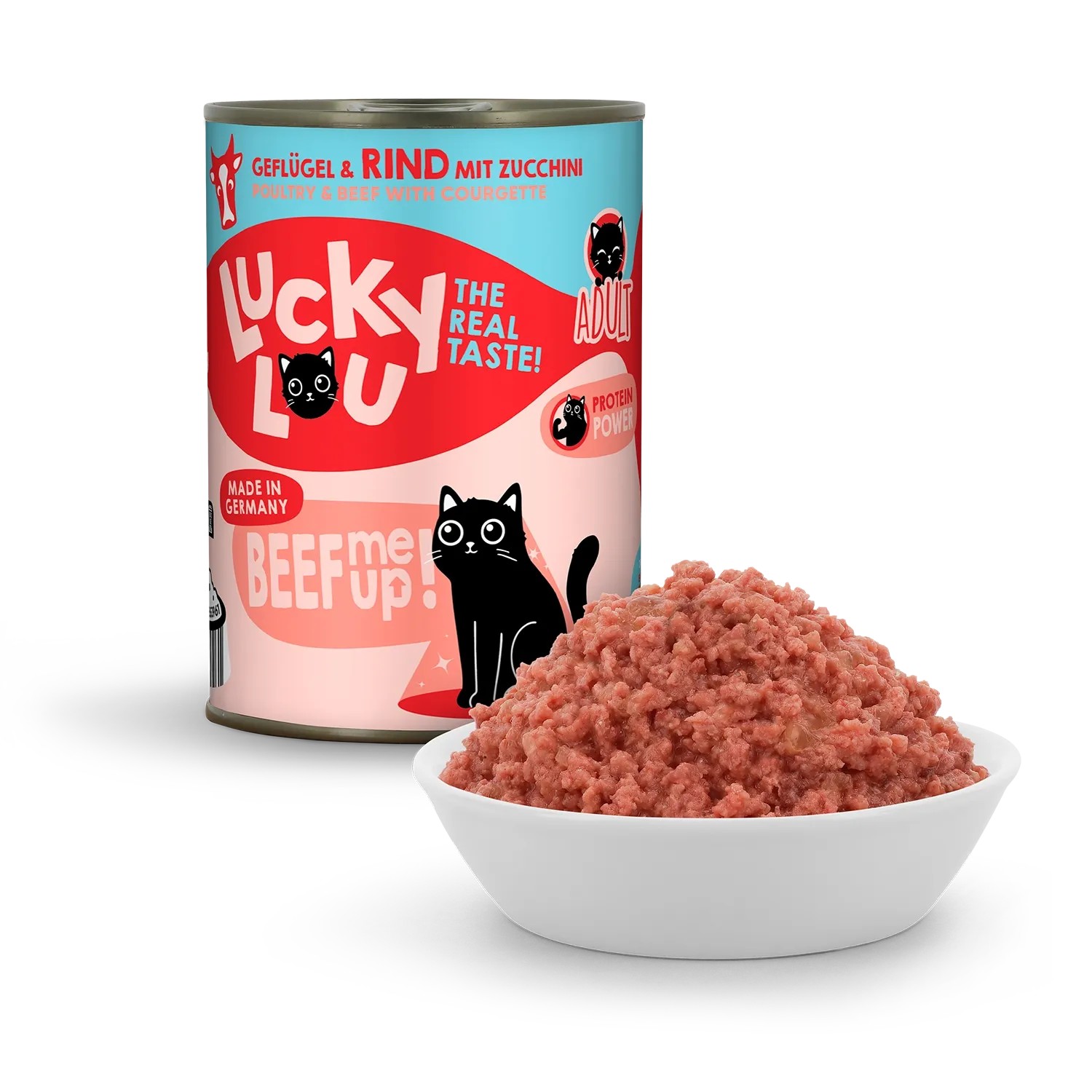 Lucky Lou Katzen-Nassfutter Adult Geflügel & Rind in Dose und Schale.