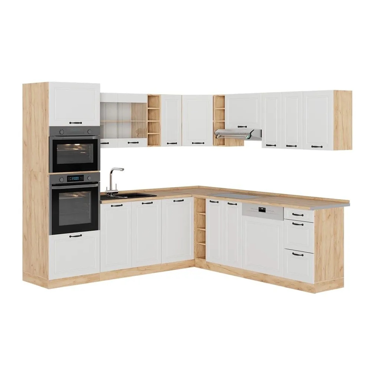 Vicco Eckküche R-Line Weiß Landhaus/Goldkraft Eiche 247 x 82, AP Eiche