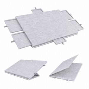 Hellgraues Filz-Puzzlebrett mit 6 Schubladen, neigbarem Ständer und Klappfunktion für Puzzles.